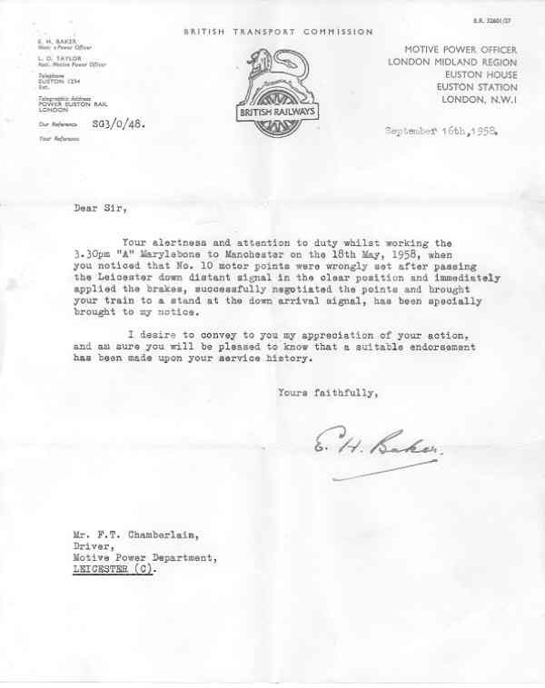 Letter of Commendation for Engine Driver - Tom Chamberlain